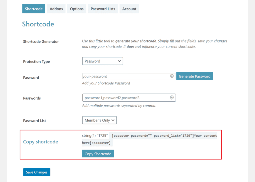 Copy the password list shortcode