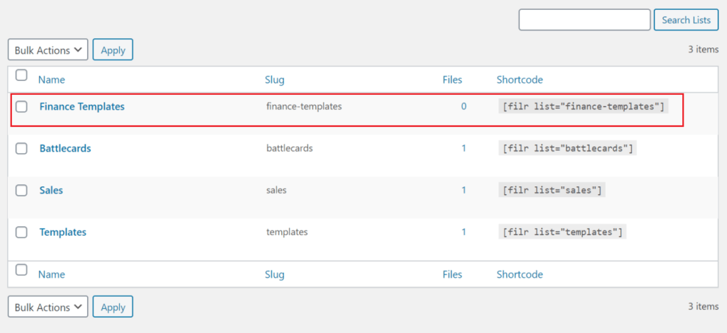 Shortcode for new list